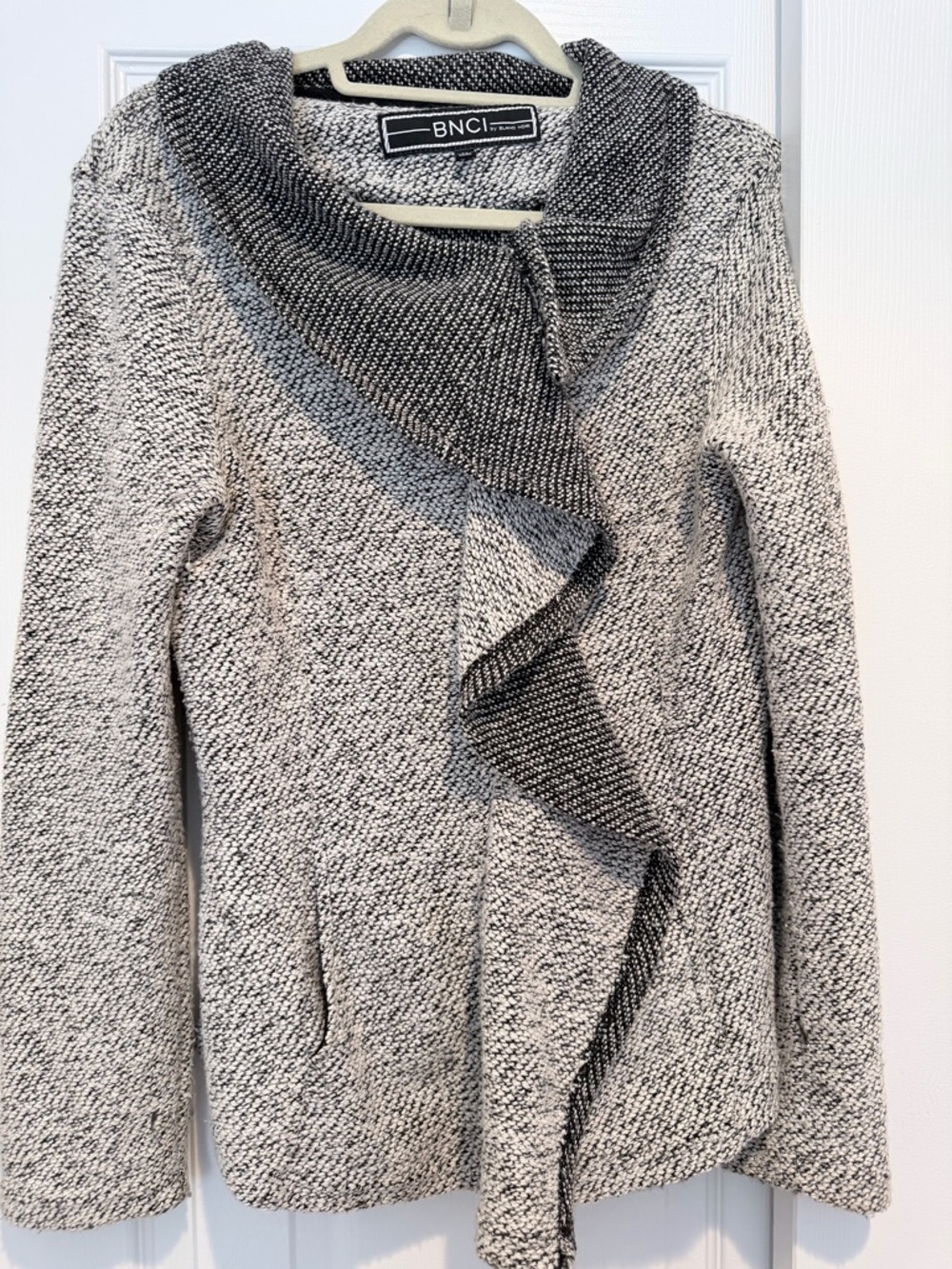 Women's Gray Marled Ruffle Front Sweater Jacket